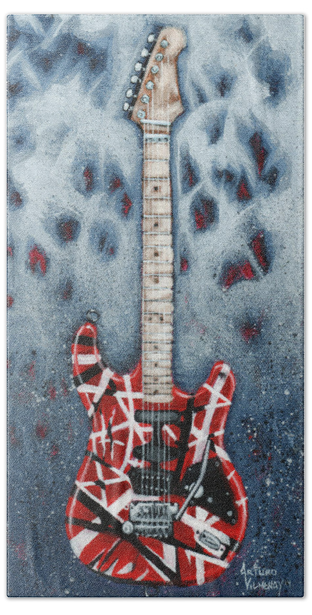Guitar Bath Sheet featuring the painting Eddie's Frankenstrat by Arturo Vilmenay