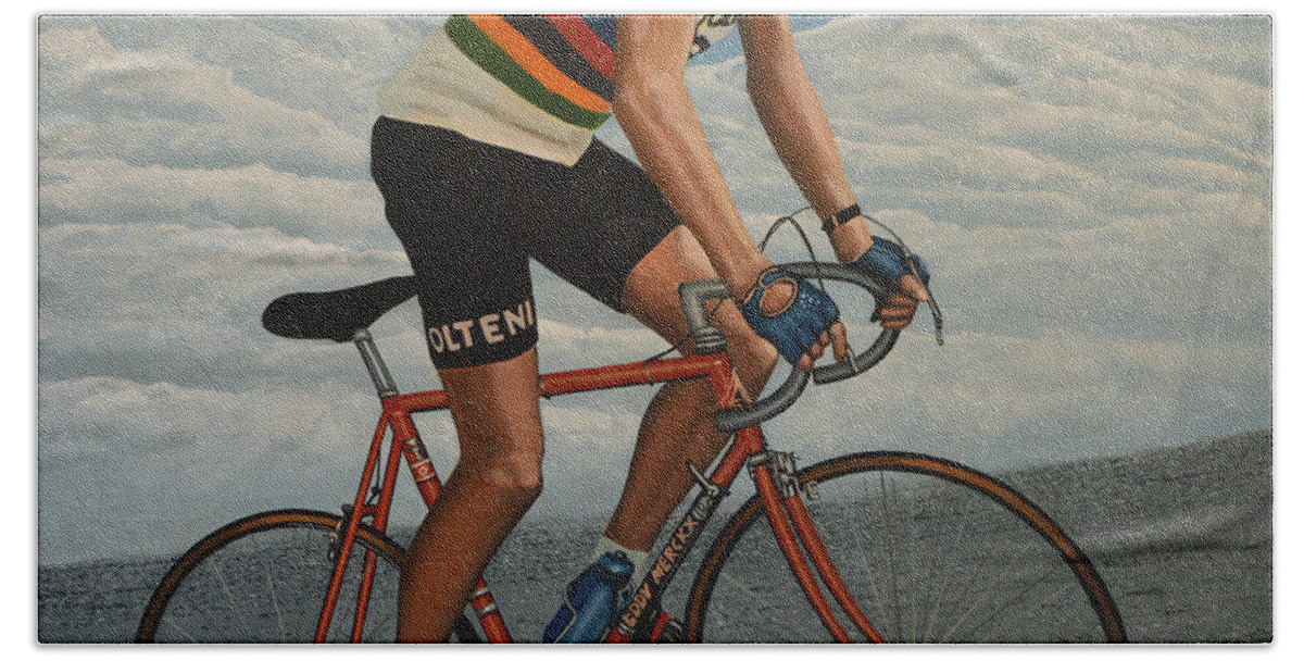 Eddy Merckx Hand Towel featuring the painting Eddy Merckx by Paul Meijering
