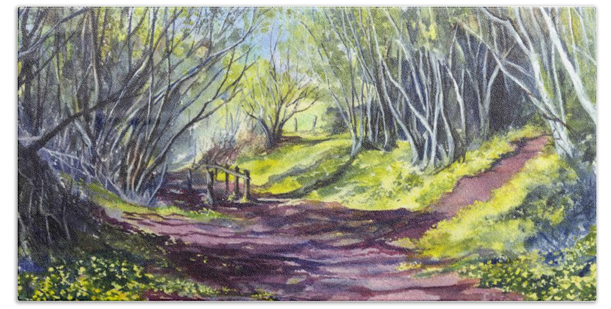 Woods Bath Towel featuring the painting Taking A Walk Down A Spring Lane by Carol Wisniewski