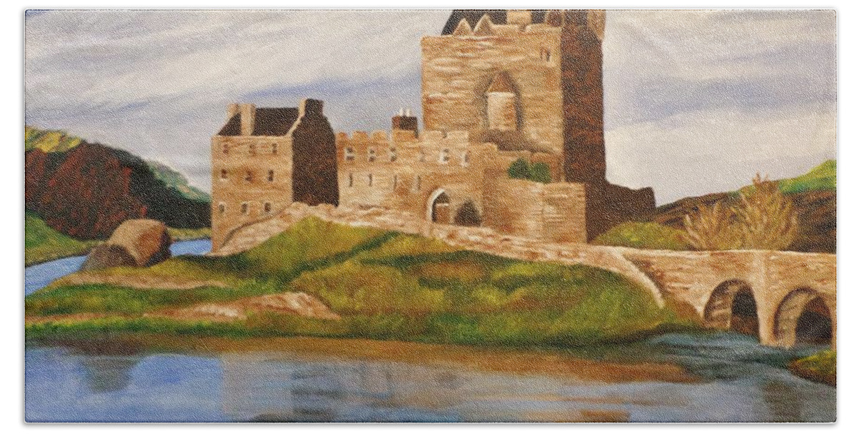 Castes Hand Towel featuring the painting Eilean Donan Castle by Christy Saunders Church