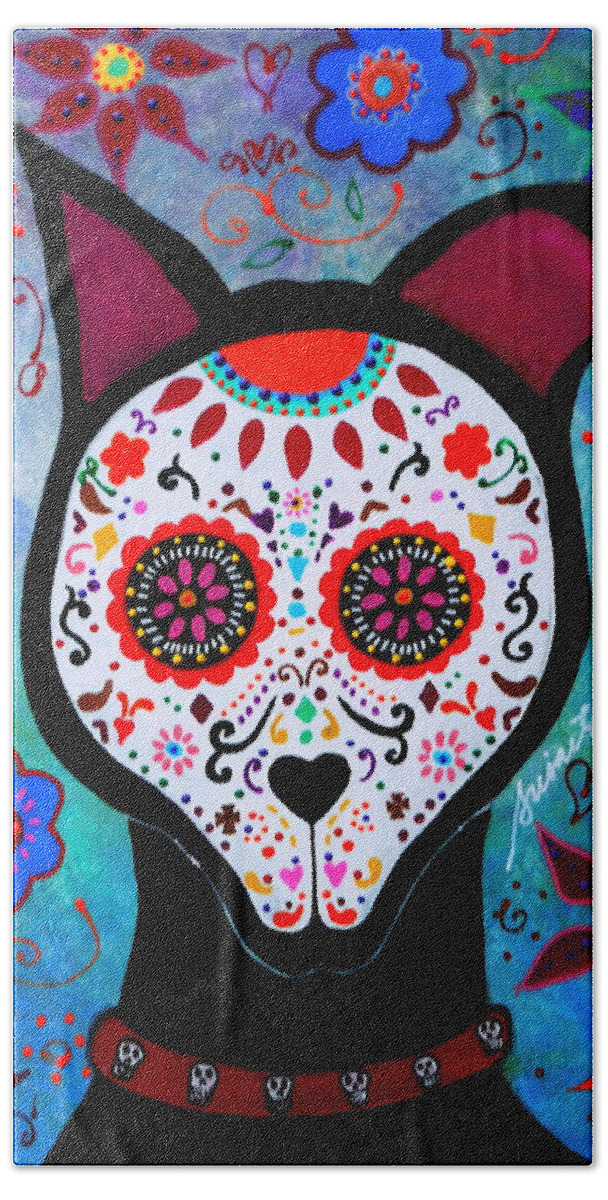 El Perro Hand Towel featuring the painting El Perro Day Of The Dead by Pristine Cartera Turkus