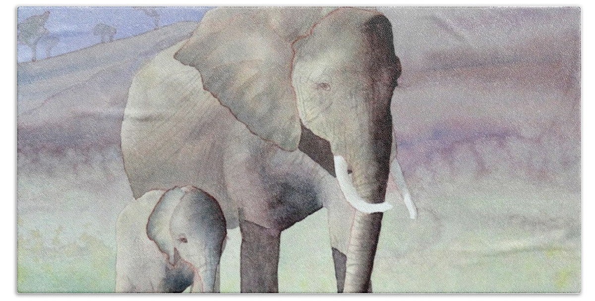 Landscape Bath Towel featuring the painting Elephant Family by Laurel Best