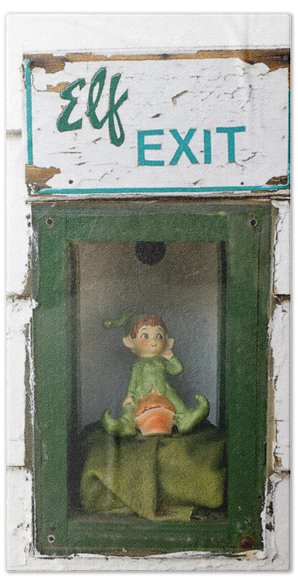 Humor Bath Towel featuring the photograph elf exit, Dubuque, Iowa by Steven Ralser