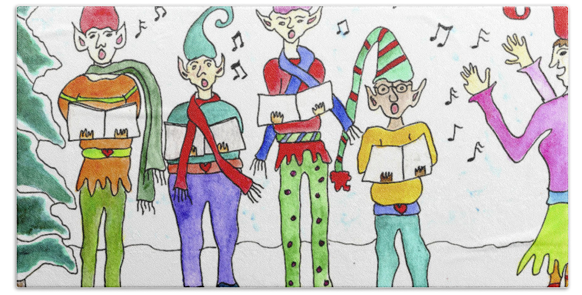 Christmas Elves Bath Towel featuring the painting Elves singing Holiday Harmony by Paula Joy Welter