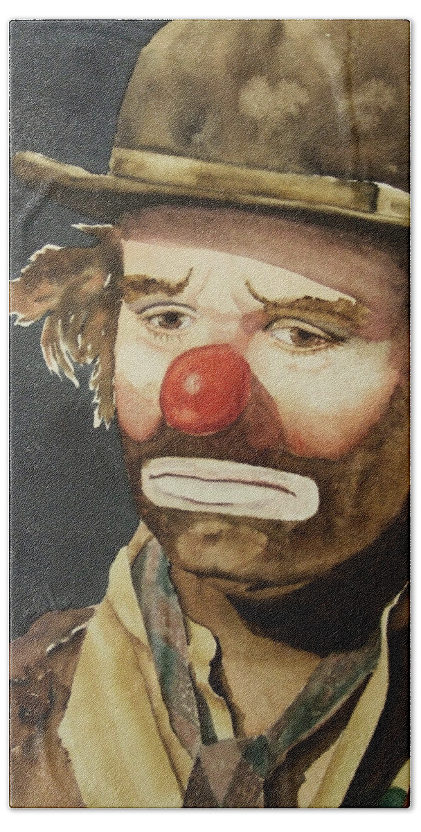 Emmett Kelly Hand Towel featuring the painting Emmett Kelly by Greg and Linda Halom