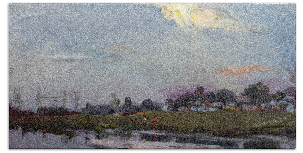 End Of Day Hand Towel featuring the painting End of Day by Elmer's Pond by Ylli Haruni