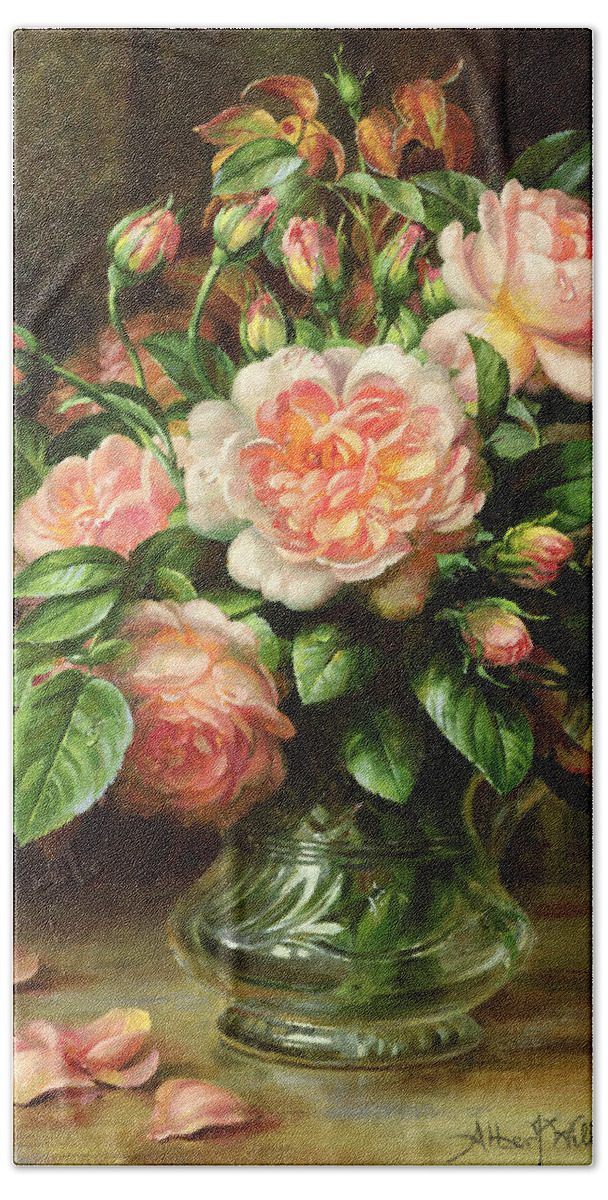 Rose Bath Towel featuring the painting English Elegance Roses in a Glass by Albert Williams