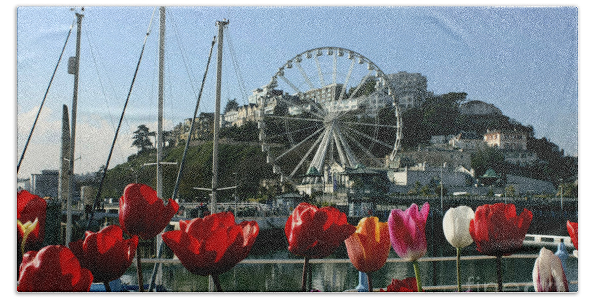 English Riviera Bath Towel featuring the photograph English Riviera Tulips and Wheel by Terri Waters
