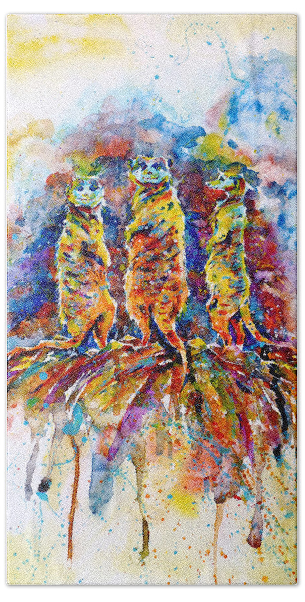 Meerkats Bath Towel featuring the painting Enjoying the Sun by Zaira Dzhaubaeva