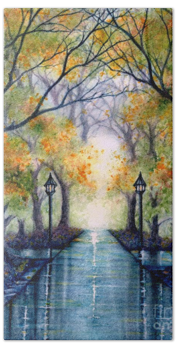 Park Hand Towel featuring the painting ESU The future looks bright by Janine Riley