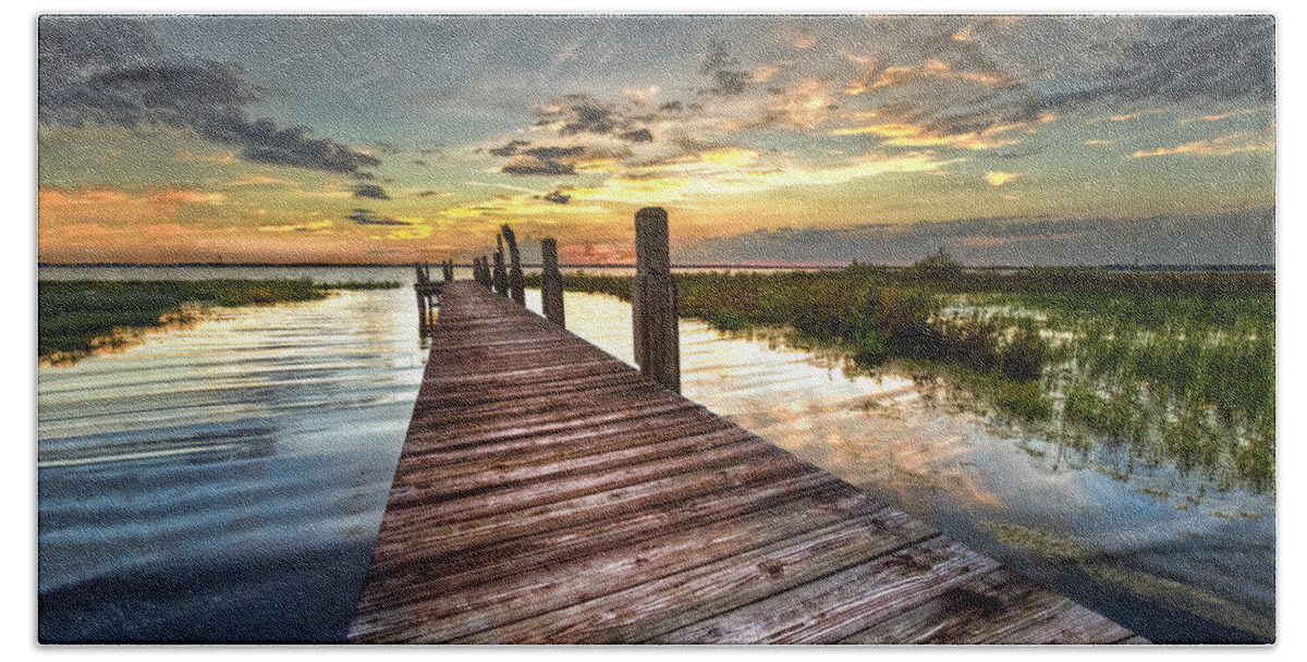 Clouds Bath Towel featuring the photograph Evening Dock by Debra and Dave Vanderlaan