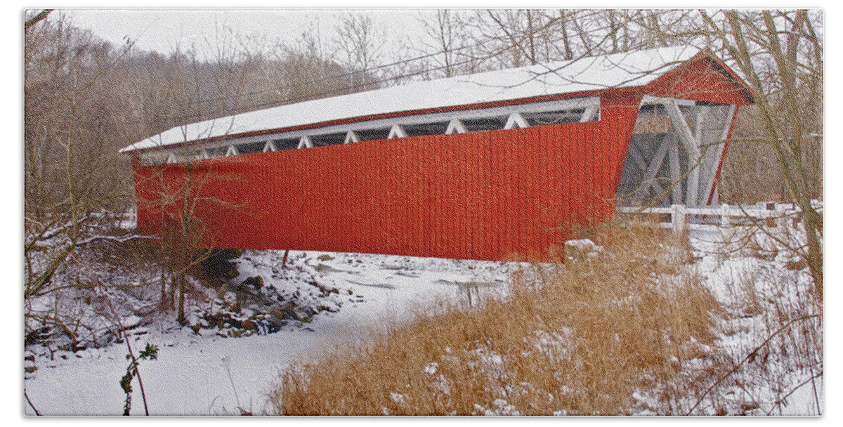 Ohio Hand Towel featuring the photograph Everett Rd. Covered Bridge in Winter by Jack R Perry
