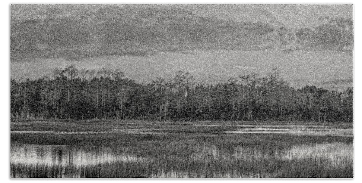 Cloud Bath Towel featuring the photograph Everglades Panorama BW by Debra and Dave Vanderlaan