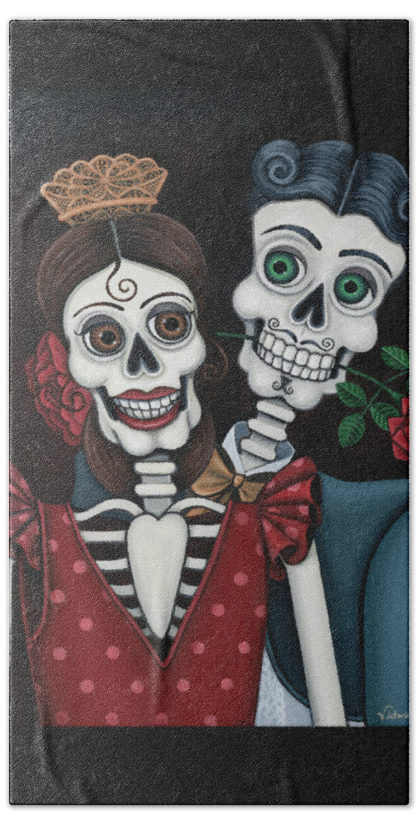 Day Of The Dead Bath Towel featuring the painting Every Juan Loves Carmen by Victoria De Almeida