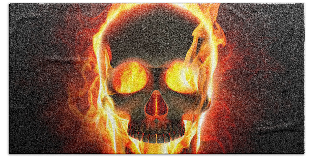 Skull Hand Towel featuring the photograph Evil skull in flames and smoke by Johan Swanepoel