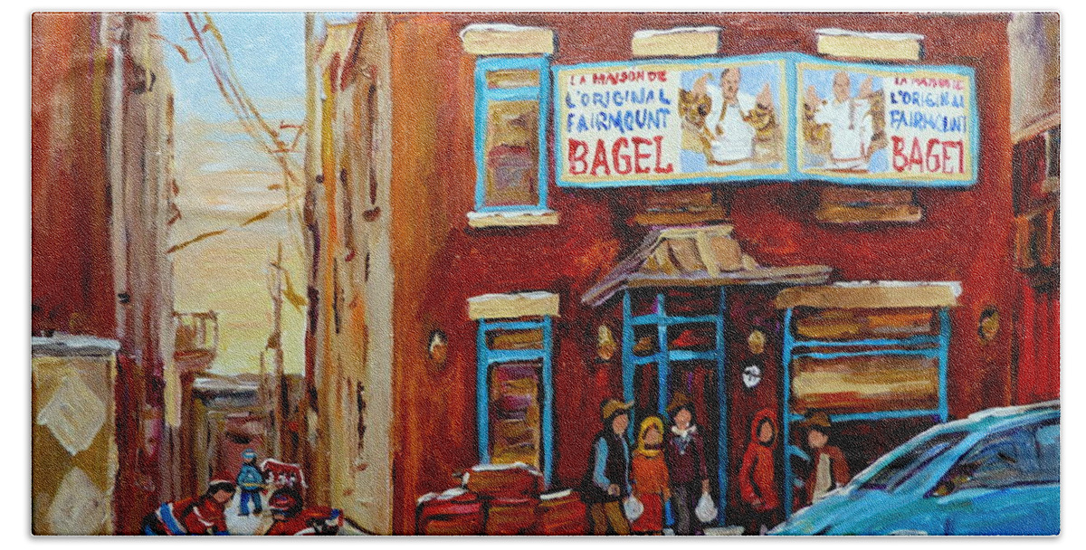 Montreal Hand Towel featuring the painting Fairmount Bagel In Winter Montreal City Scene by Carole Spandau