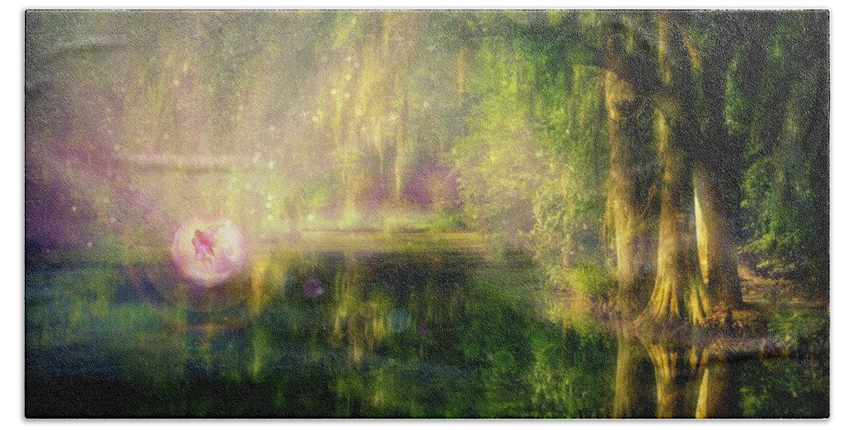 Fairy Bath Towel featuring the digital art Fairy in Pink bubble in Serenity Forest by Lilia S