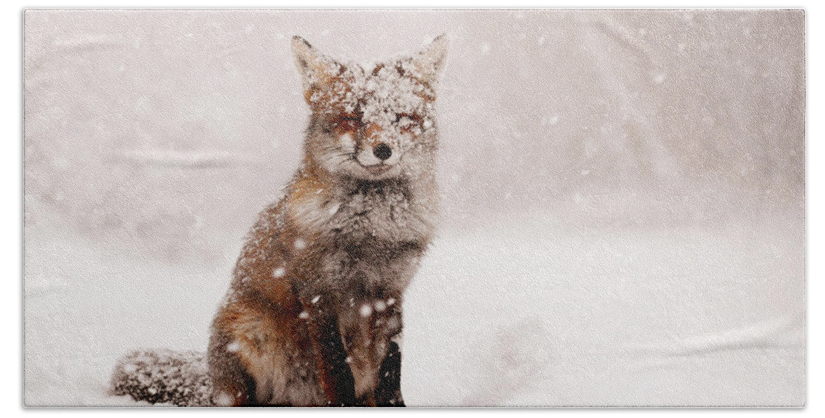 Fox Bath Sheet featuring the photograph Fairytale Fox _ Red Fox in a Snow Storm by Roeselien Raimond