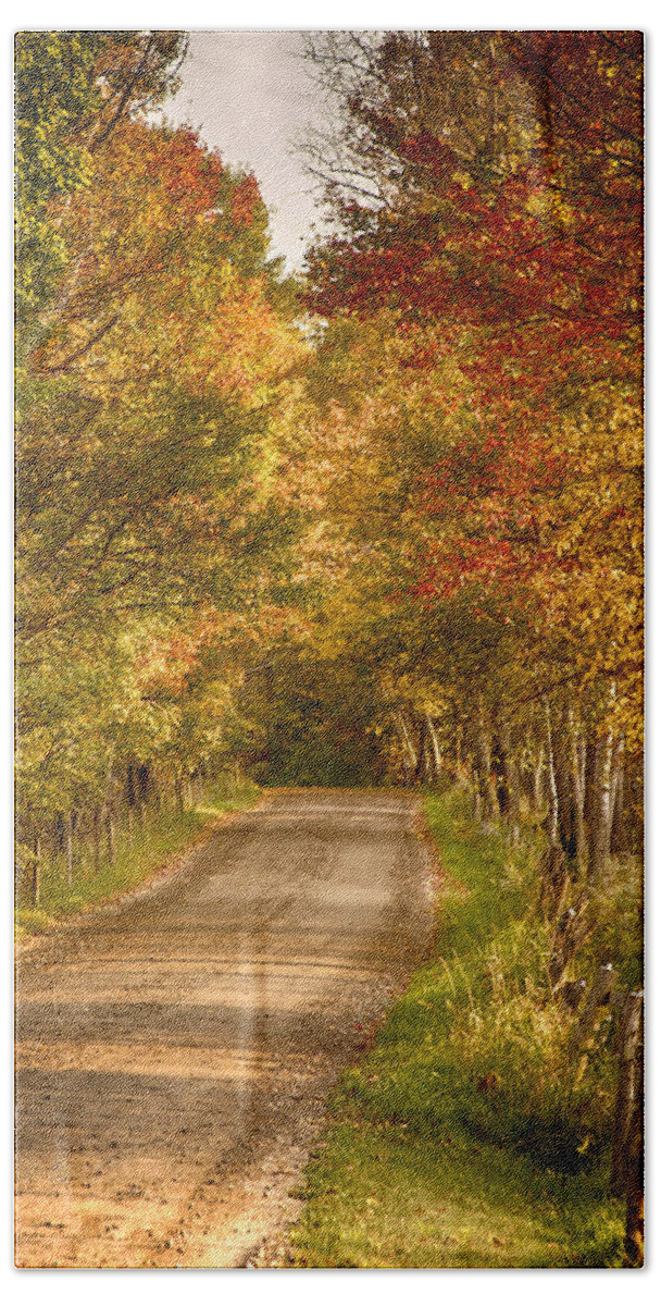 Autumn Foliage New England Bath Towel featuring the photograph Fall color along a Peacham Vermont backroad by Jeff Folger