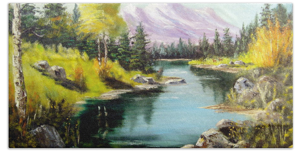 Sky Bath Towel featuring the painting Fall In The Rockies by Lee Piper