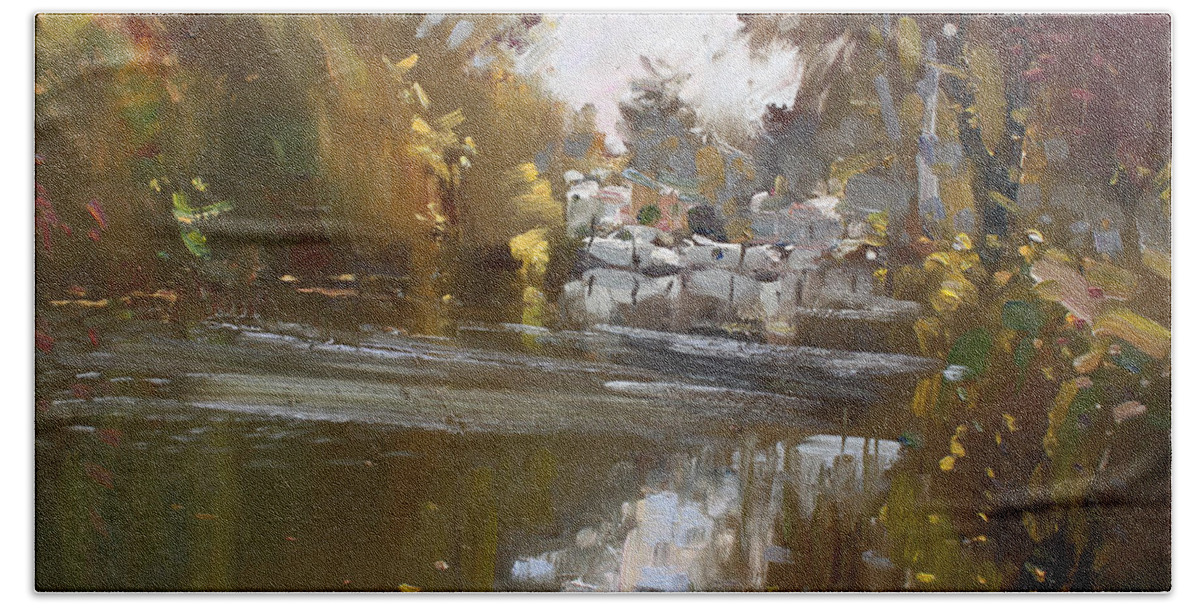 Fall Reflections Bath Sheet featuring the painting Fall reflections at North Tonawanda Canal by Ylli Haruni