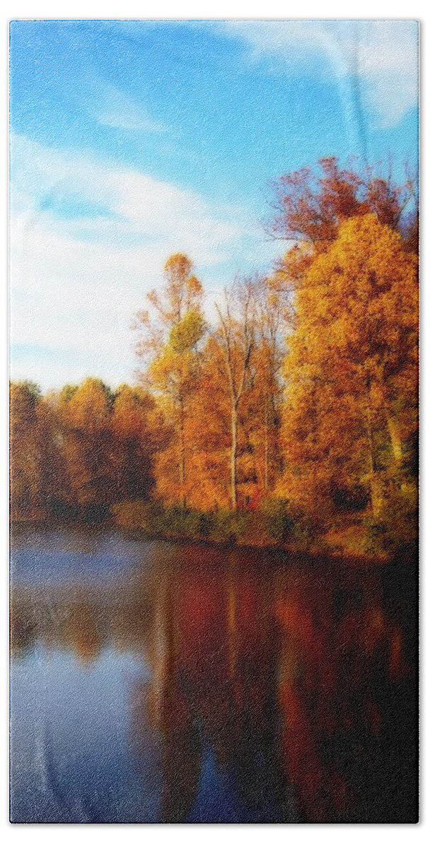 Autumn Hand Towel featuring the photograph Fall Scene at Hedden Pond with Orton effect by Eleanor Abramson