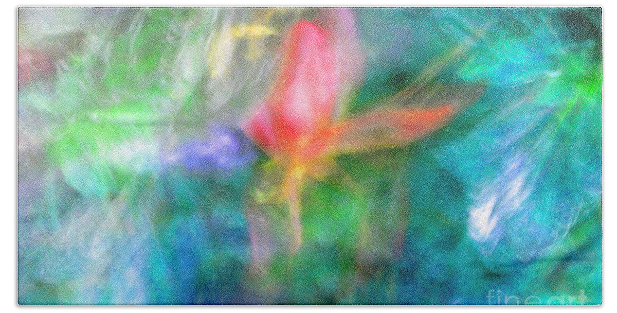 Abstract Bath Towel featuring the photograph Falling Petal Abstract Blue Green Pink A by Heather Kirk