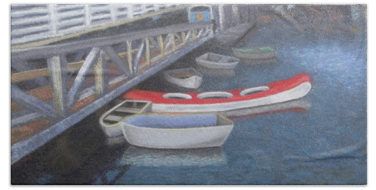 Vancouver Canada False Creek Ferry Landing Boats Water Canoe Pacific Kayak Red British Columbia Landscape Seascape Bath Towel featuring the pastel False Creek Ferry Landing by Brenda Salamone