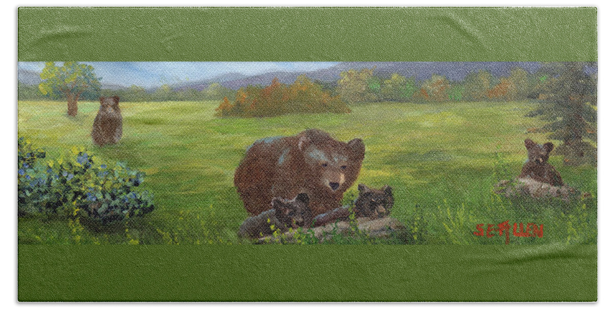 Black Bears Bath Towel featuring the painting Family Outing by Sharon E Allen