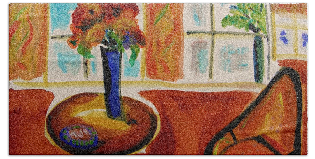 Watercolor Bath Towel featuring the painting Family Room Corner by Mary Carol Williams