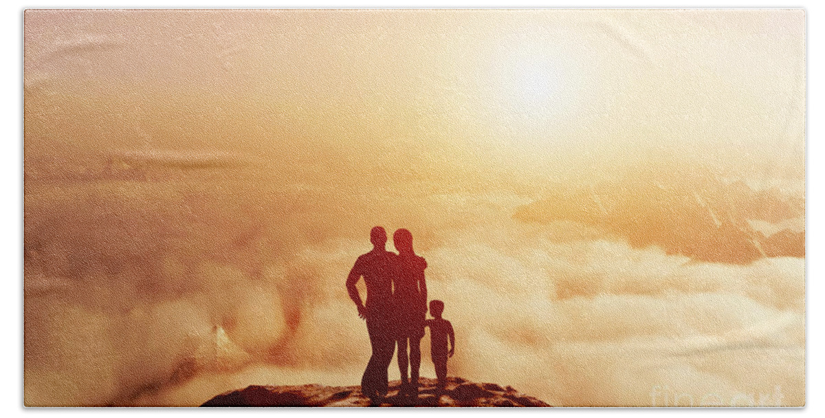 Family Bath Towel featuring the photograph Family together on mountain looking on sunset by Michal Bednarek