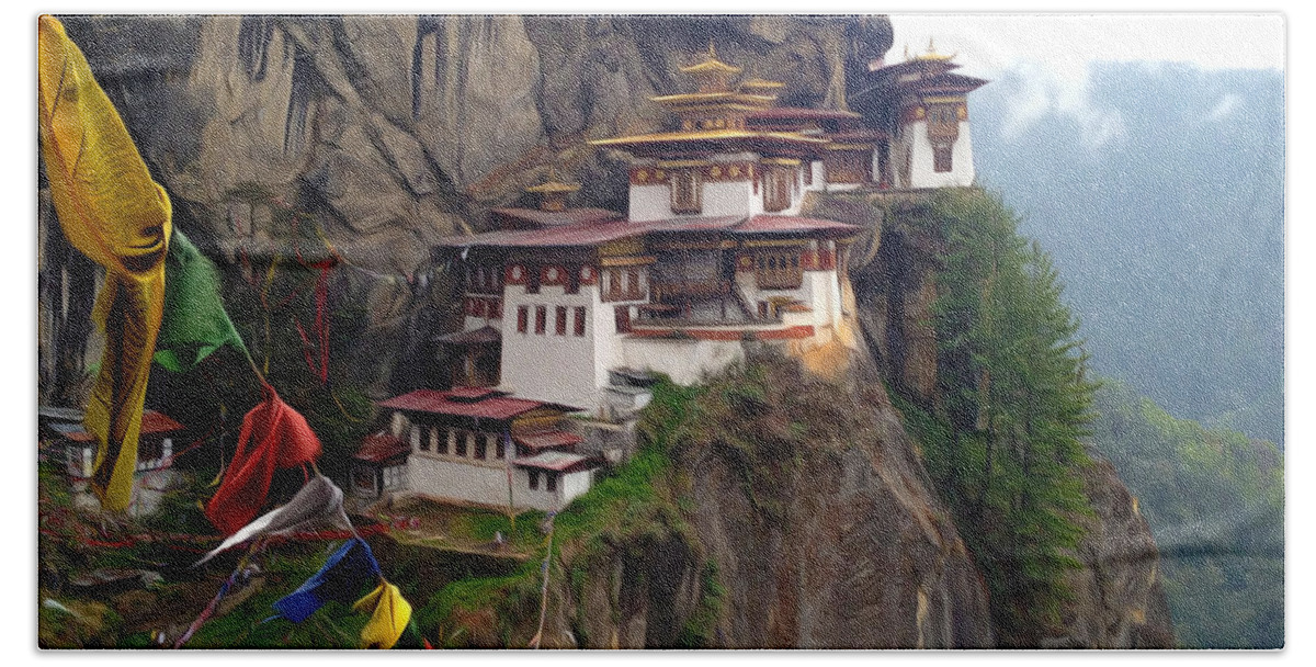 Architect Bath Towel featuring the painting Famous tigers nest monastery of Bhutan 10 by Jeelan Clark