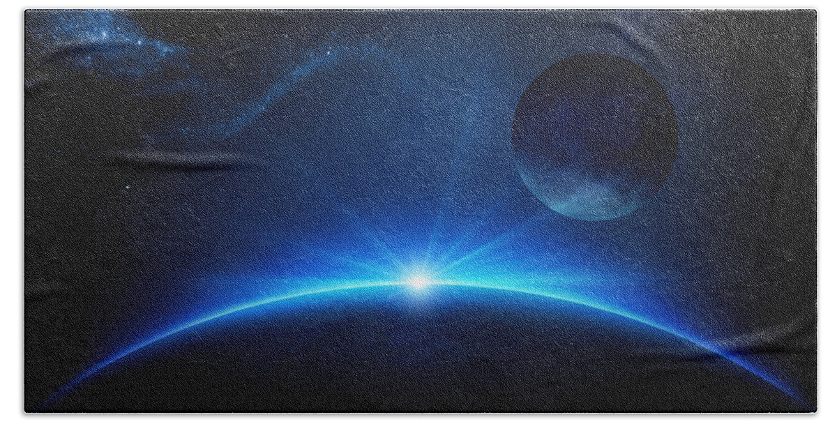 Earth Bath Sheet featuring the photograph Fantasy Earth and Moon with sunrise by Johan Swanepoel