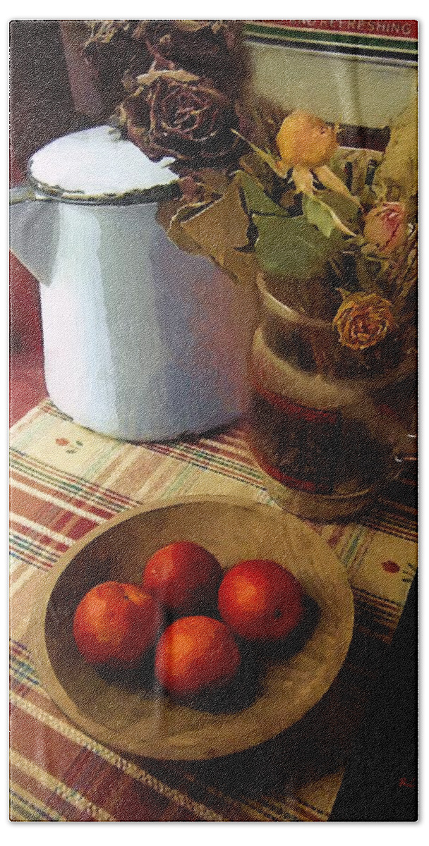Still Life Bath Towel featuring the painting Farmhouse Fruit and Flowers by RC DeWinter