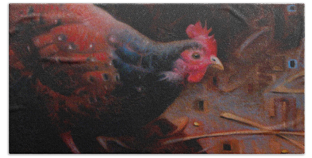 Chickens Bath Towel featuring the painting Faster than a Chicken on a June Bug by T S Carson