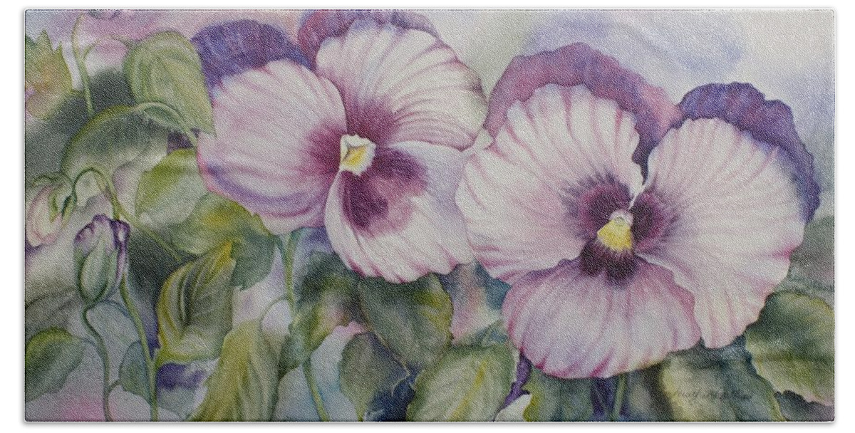 Pansies Bath Towel featuring the painting Favourite Garden Pansies by Heather Gallup