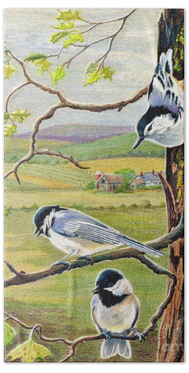 Chickadees Bath Sheet featuring the drawing Feathered Friends by Marilyn Smith