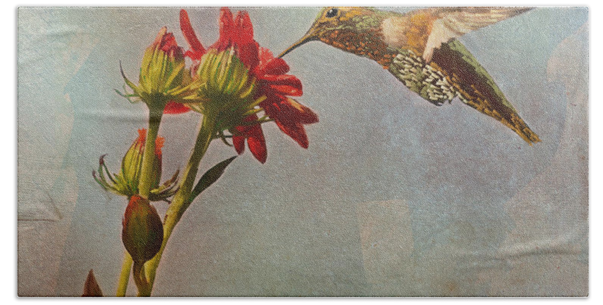 Hummingbird Hand Towel featuring the painting Feeding Hummingbird by Angela Stanton