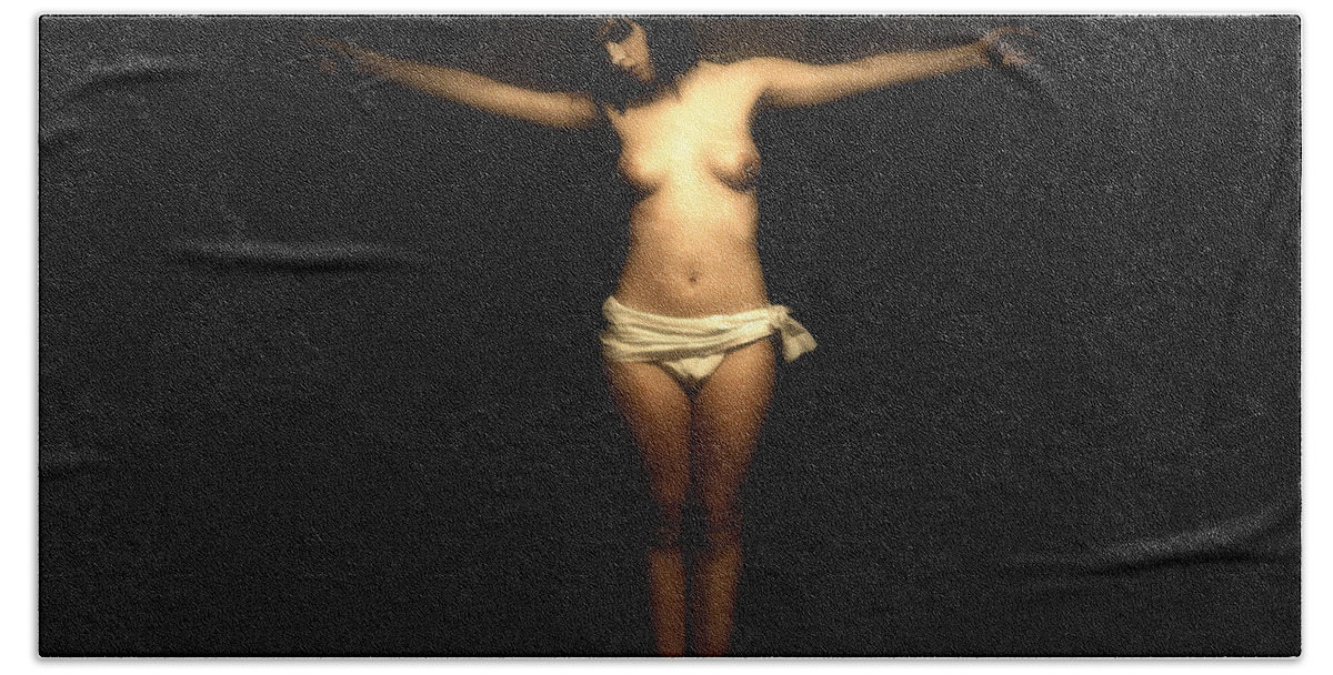 Crucifixion Bath Towel featuring the photograph Female crucifix I by Ramon Martinez
