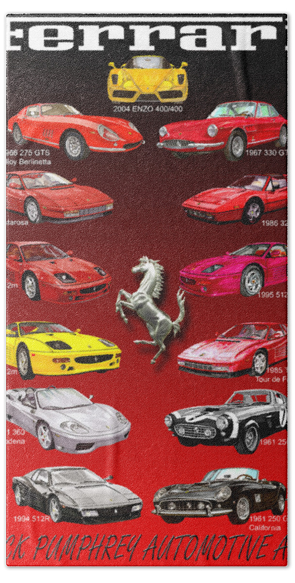 Framed Prints Of Ferrari Art Bath Sheet featuring the painting Ferrari Sports Car Poster by Jack Pumphrey