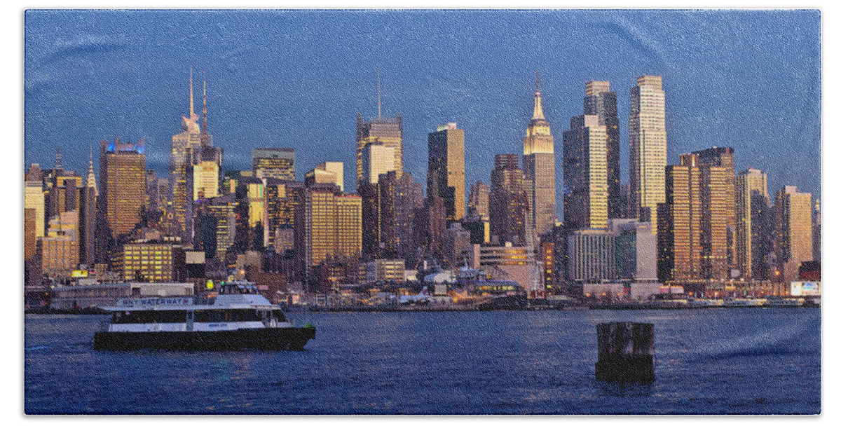 Best New York Skyline Photos Hand Towel featuring the photograph Ferry past Manhattan by Mitchell R Grosky