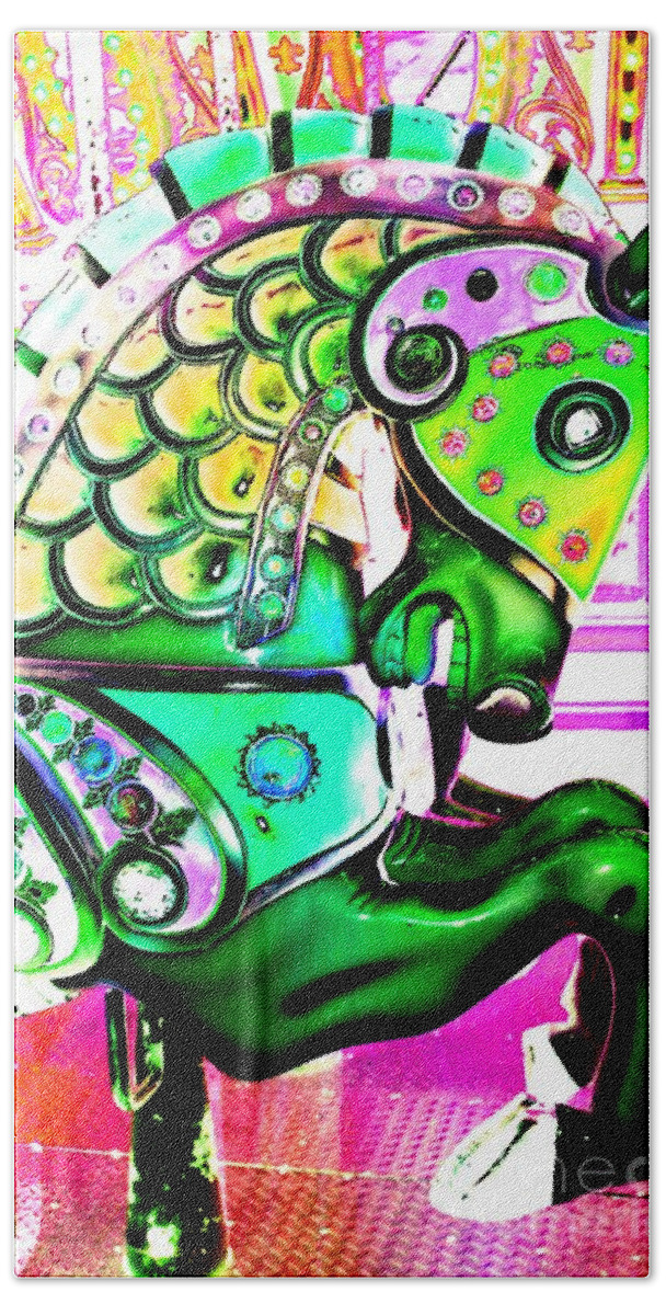 Carousel Bath Towel featuring the digital art Festive Green Carnival Horse by Patty Vicknair