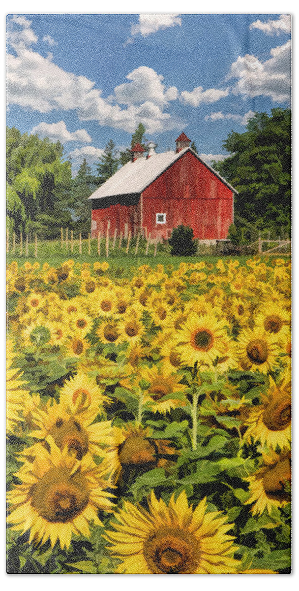 Door County Bath Towel featuring the painting Field of Sunflowers by Christopher Arndt