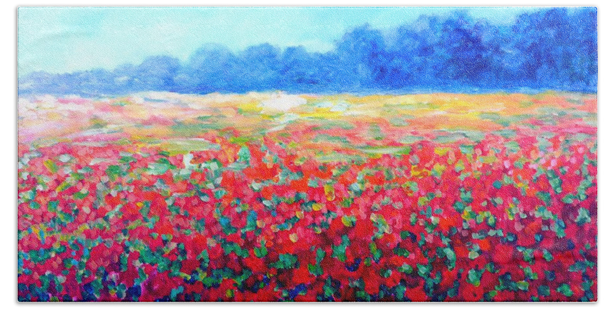 Field Hand Towel featuring the painting Field with Red Poppies by Cristina Stefan