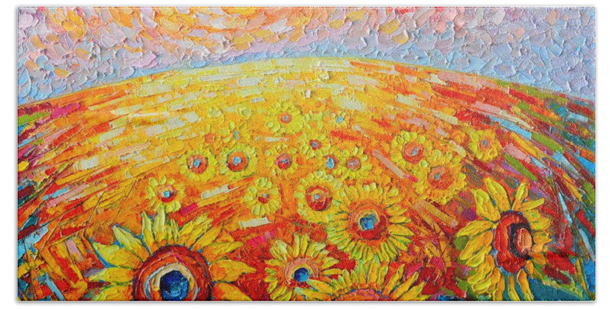 Sunflower Bath Towel featuring the painting Fields Of Gold - Abstract Landscape With Sunflowers In Sunrise by Ana Maria Edulescu
