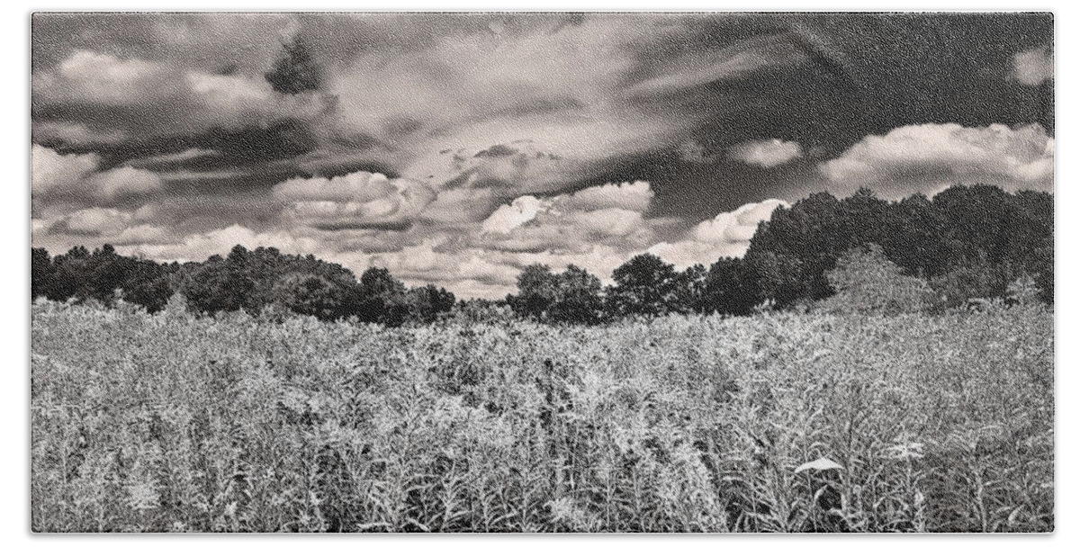 Black And White Bath Towel featuring the photograph Fields of Gold and Clouds by Mitchell R Grosky