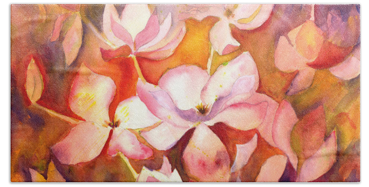 Watercolor Painting Bath Towel featuring the painting Fiery Magnolias by Kelly Perez