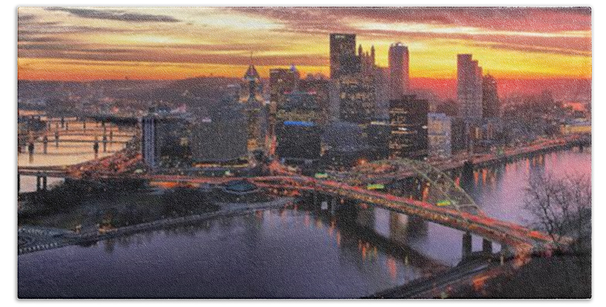 Pittsburgh Hand Towel featuring the photograph Fiery Pittsburgh Morning Digital Painting by Adam Jewell
