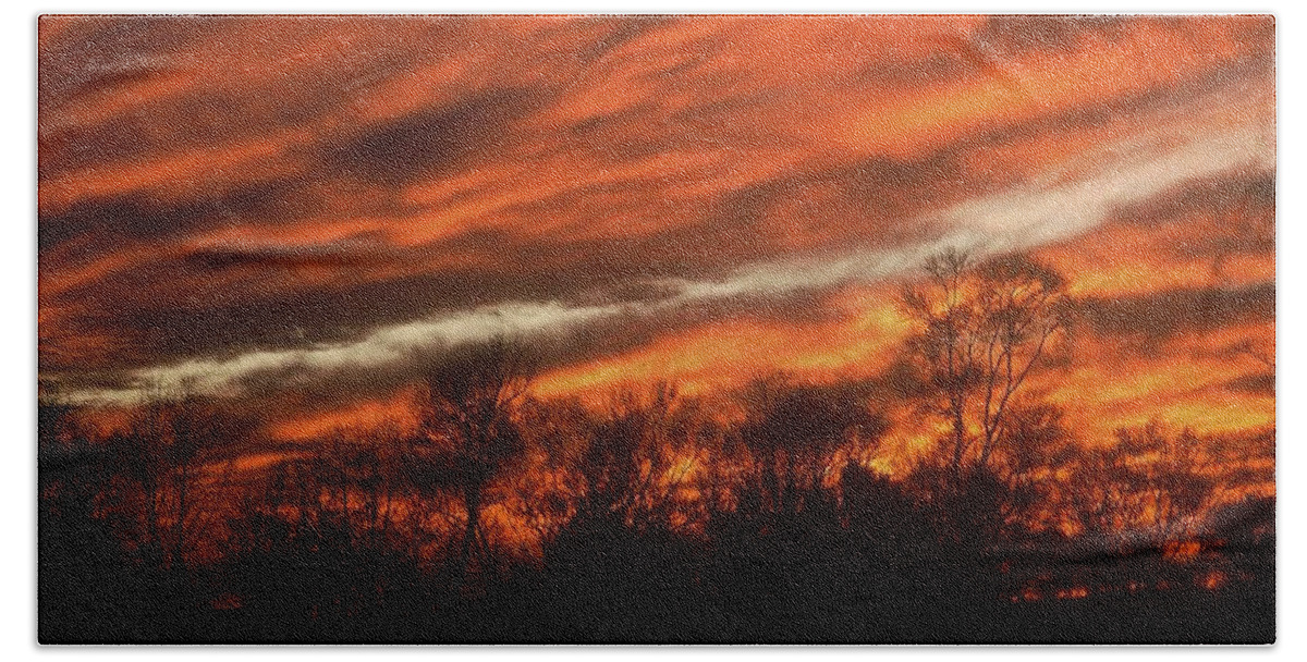 Sunsets Hand Towel featuring the photograph Fiery Sky by Rodney Lee Williams