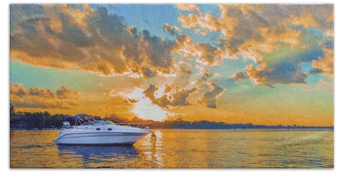 Sunset Bath Towel featuring the photograph Fiery Sunset On Lake Minnetonka by Bill and Linda Tiepelman